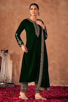 Green Embroidered Velvet Semi-Stitched Straight Suit Up To 42" Size