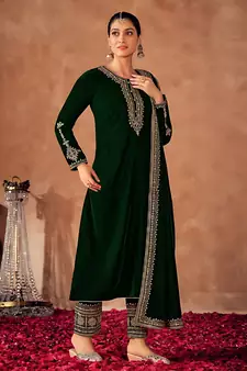 Green Embroidered Velvet Semi-Stitched Straight Suit Up To 42" Size