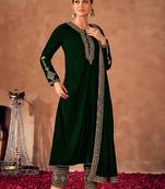 Green Embroidered Velvet Semi-Stitched Straight Suit Up To 42" Size