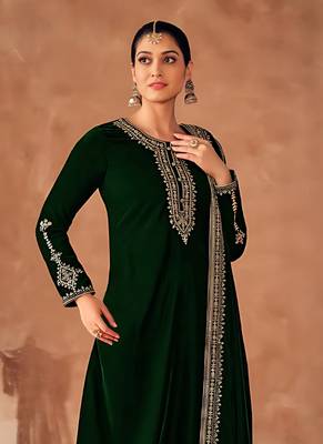 Green Embroidered Velvet Semi-Stitched Straight Suit Up To 42" Size 2