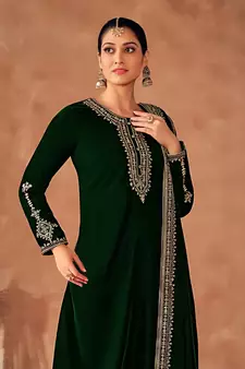 Green Embroidered Velvet Semi-Stitched Straight Suit Up To 42" Size