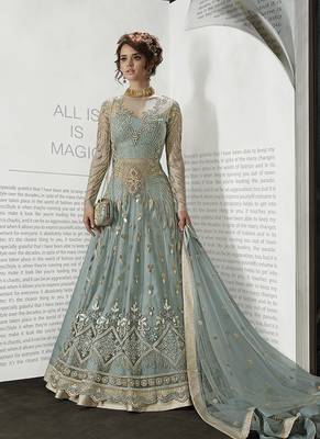 Blue Embroidered Net Semi-Stitched Anarkali Suit Up To 42" Size 1