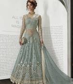 Blue Embroidered Net Semi-Stitched Anarkali Suit Up To 42" Size