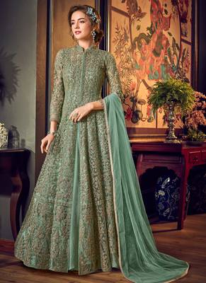 Mint Green Embroidered Net Semi-Stitched Anarkali Suit Up To 42" Size 1