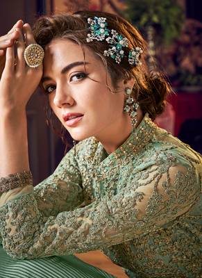 Mint Green Embroidered Net Semi-Stitched Anarkali Suit Up To 42" Size 2