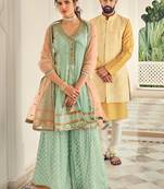Green Embroidered Georgette Anarkali Suit Free size full stitched Up To 42" Size