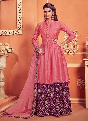Pink and Purple Chiffon Threadwork Anarkali Salwar Suit 1