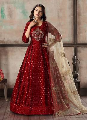 Maroon Embroidered Silk Semi-Stitched Anarkali Suit Up To 42" Size 1