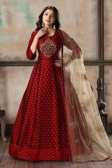 Maroon Embroidered Silk Semi-Stitched Anarkali Suit Up To 42" Size