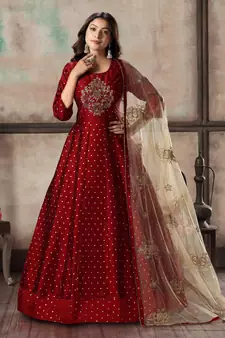 Maroon Embroidered Silk Semi-Stitched Anarkali Suit Up To 42" Size