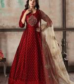 Maroon Embroidered Silk Semi-Stitched Anarkali Suit Up To 42" Size