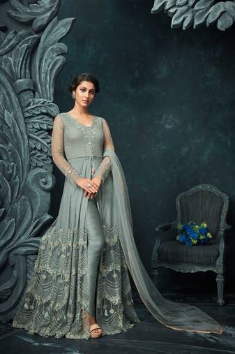 Blue Embroidered Net Semi Stitched Anarkali Suit