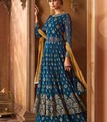 Blue Embroidered Georgette Anarkali Suit Free size full stitched Up To 42" Size