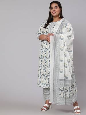 Grey Printed Cotton Kurta Palazzo With Dupatta Set 1