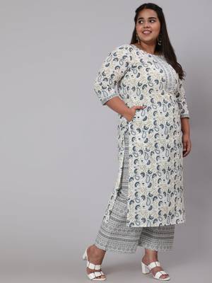 Grey Printed Cotton Kurta Palazzo With Dupatta Set 5