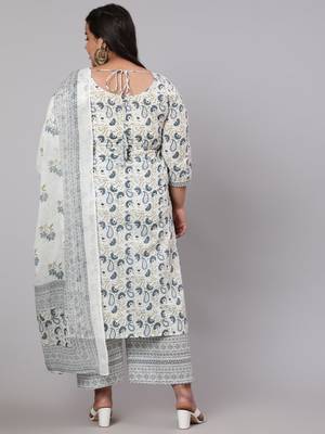 Grey Printed Cotton Kurta Palazzo With Dupatta Set 6