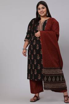 Black Printed Cotton Kurta Palazzo With Dupatta Set