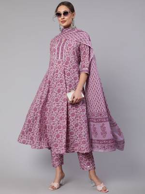 Lavender Printed Cotton Kurta Palazzo With Dupatta Set 1