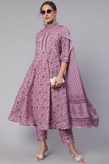 Lavender Printed Cotton Kurta Palazzo With Dupatta Set