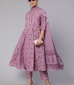 Lavender Printed Cotton Kurta Palazzo With Dupatta Set