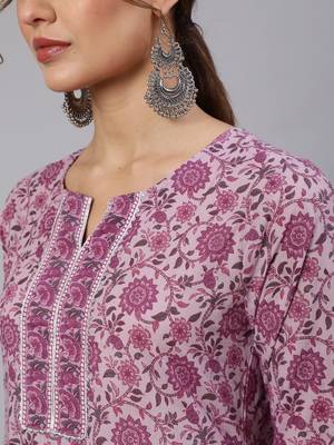 Lavender Printed Cotton Kurta Palazzo With Dupatta Set 2