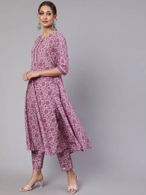 Lavender Printed Cotton Kurta Palazzo With Dupatta Set 5