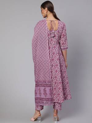 Lavender Printed Cotton Kurta Palazzo With Dupatta Set 6