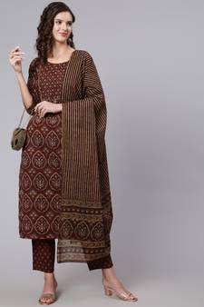 Brown Printed Cotton Kurta Trouser With Dupatta Set