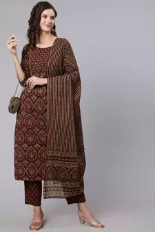 Brown Printed Cotton Kurta Trouser With Dupatta Set