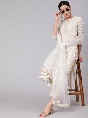 White Printed Viscose rayon Kurta Palazzo With Dupatta Set 1