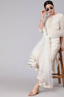 White Printed Viscose rayon Kurta Palazzo With Dupatta Set