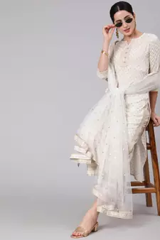 White Printed Viscose rayon Kurta Palazzo With Dupatta Set