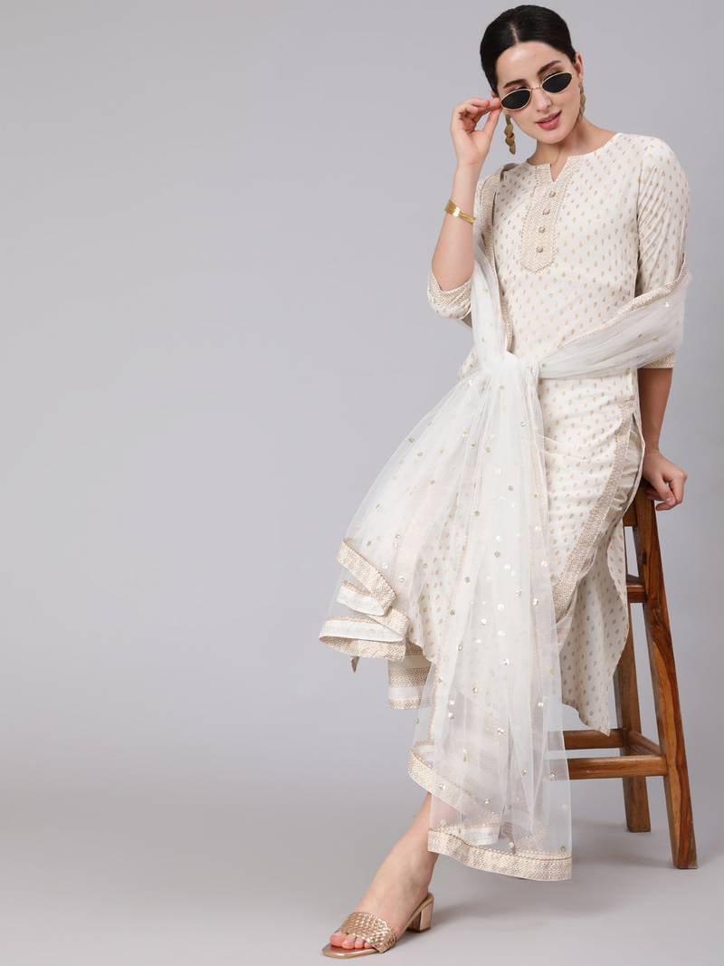 White Printed Viscose rayon Kurta Palazzo With Dupatta Set