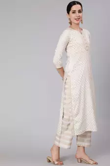 White Printed Viscose rayon Kurta Palazzo With Dupatta Set