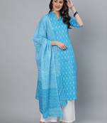 Sky Blue Printed Cotton Kurta Palazzo With Dupatta Set