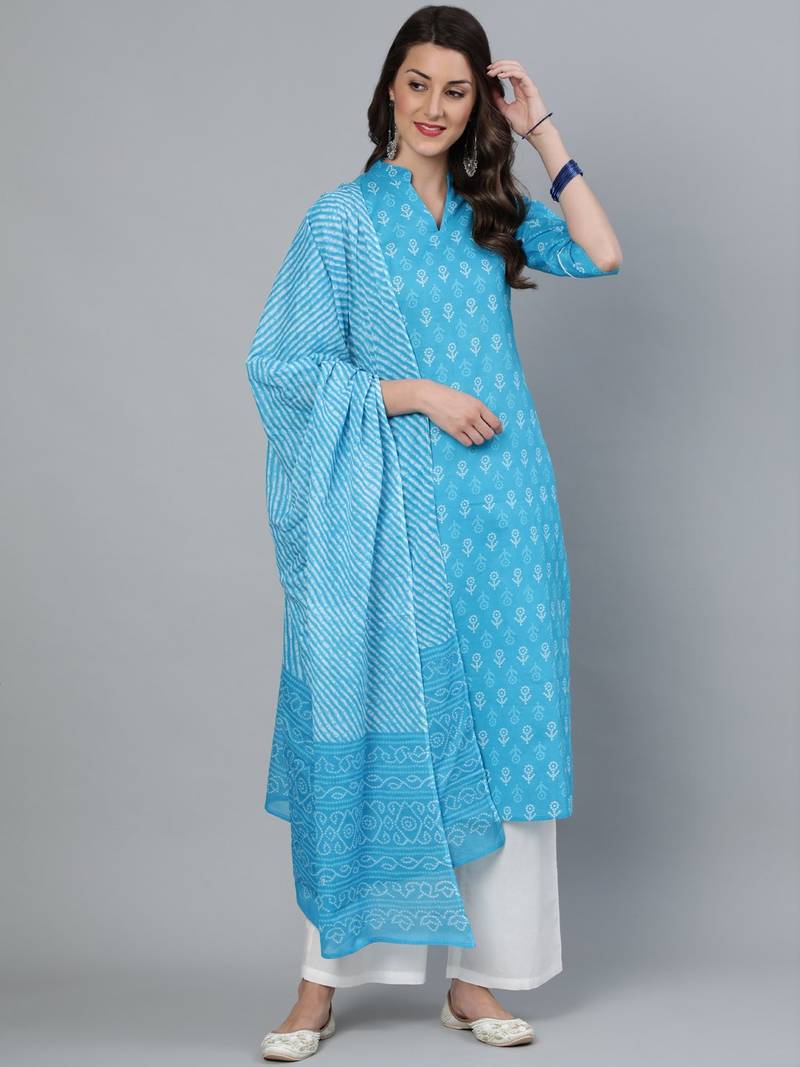 Sky Blue Printed Cotton Kurta Palazzo With Dupatta Set