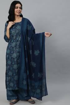 Blue Printed Cotton Kurta Palazzo With Dupatta Set