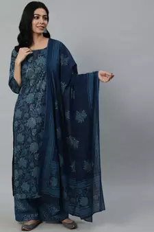 Blue Printed Cotton Kurta Palazzo With Dupatta Set