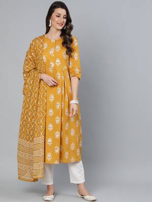 Mustard Printed Cotton Kurta Trouser With Dupatta Set 1