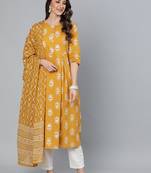 Mustard Printed Cotton Kurta Trouser With Dupatta Set