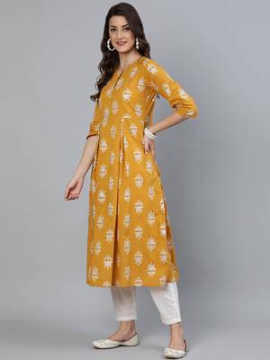 Mustard Printed Cotton Kurta Trouser With Dupatta Set 3
