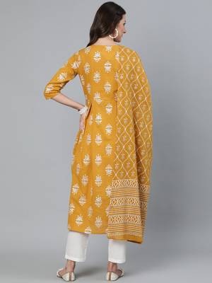 Mustard Printed Cotton Kurta Trouser With Dupatta Set 4