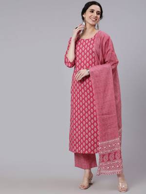 Pink Printed Cotton Kurta Palazzo With Dupatta Set 1
