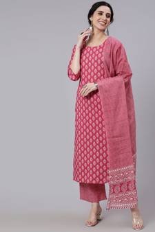 Pink Printed Cotton Kurta Palazzo With Dupatta Set