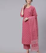Pink Printed Cotton Kurta Palazzo With Dupatta Set