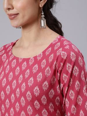 Pink Printed Cotton Kurta Palazzo With Dupatta Set 2
