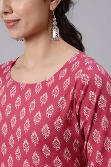 Pink Printed Cotton Kurta Palazzo With Dupatta Set