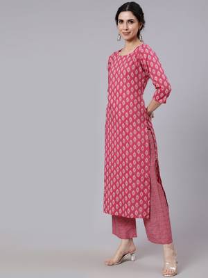 Pink Printed Cotton Kurta Palazzo With Dupatta Set 5