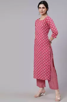 Pink Printed Cotton Kurta Palazzo With Dupatta Set