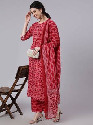 Red Printed Cotton Kurta Palazzo With Dupatta Set 1
